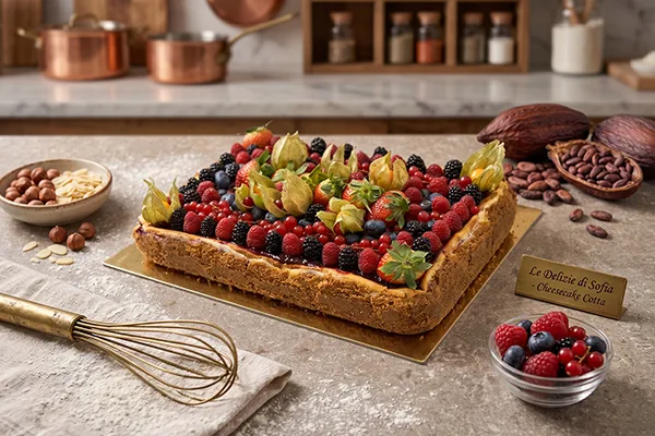 Cheesecake cotta artigianale ai frutti di bosco de Le Delizie di Sofia con base di biscotto croccante, guarnita con fragole, lamponi, mirtilli, ribes e alchechengi freschi.