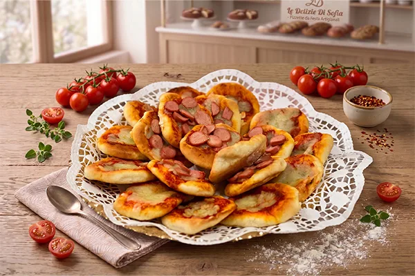 Vassoio di pizzette mignon artigianali da buffet e festa de Le Delizie di Sofia, farcite con pomodoro, mozzarella e wurstel, presentate su un tavolo rustico con ingredienti freschi.